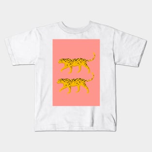 Leopard Pair ( coral background ) Kids T-Shirt